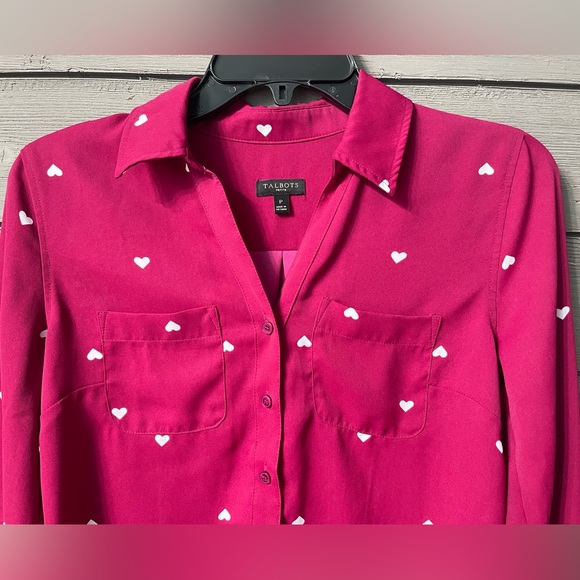 Talbots Fuscia Pink Long Sleeved Button Up Blouse with Whitr Hearts Sz Petite - Picture 3 of 14